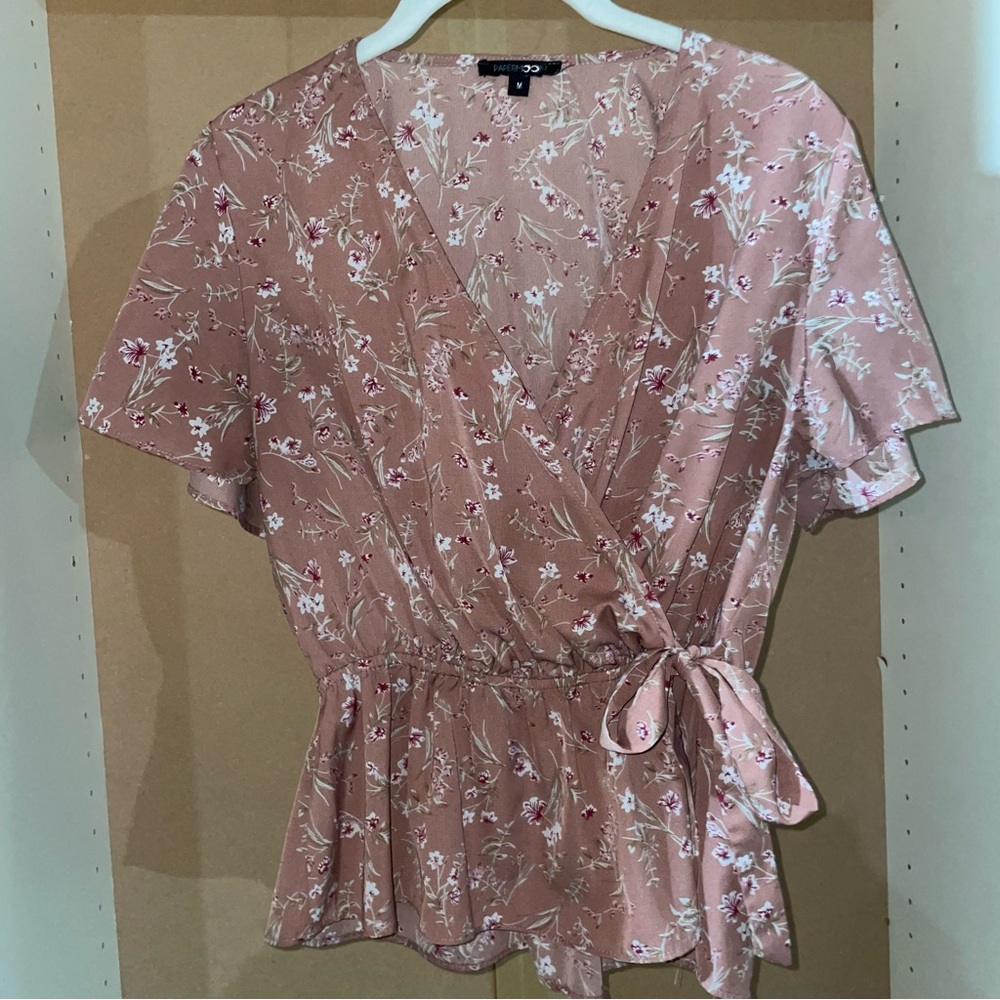 Pink Floral Print Blouse with Tie in Front Cross Over Elastic Waist